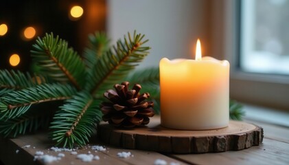 Burning candle, fir, pine cone, Scandinavian style, winter, Christmas, bright background, bright, natural, light