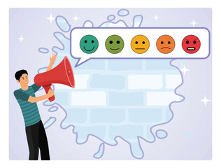 Customer satisfaction survey concept. Man shouting with satisfaction emoticon.