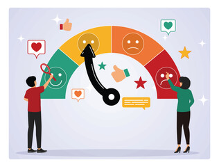 Reaction or survey concept, business people analyze social sentiment dashboard.