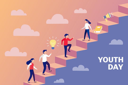 Two youths high-five in front of a radiant sun, with clouds, stars, and "YOUTH DAY" above.