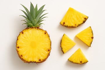 A sliced pineapple with yellow flesh is depicted on a white background, located on the left, and four pineapple slices, neatly arranged on the right.