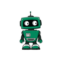 Fototapeta premium Cartoon robot character with big eyes and smiling face in green color 