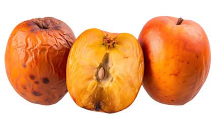 Wrinkled orange apples with one cut open isolated on a transparent background rotten