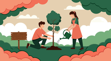 young man and woman planting a tree in a park.