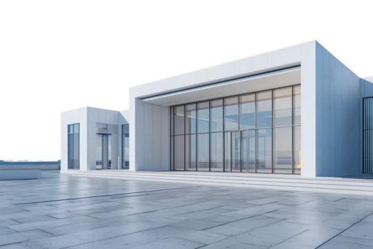 Minimal Modern White Office Building with Glass Facade, Straight Front Elevation View, Transparent Background.png