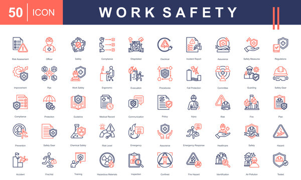 Work Safety icon set representing key elements like PPE, risk assessment, emergency response, hazard control, and workplace safety policies. Ideal for industrial, healthcare, and compliance visuals.