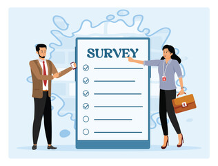 Online survey questionnaire. Man and woman using mobile phone to fill in online survey checklist.