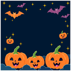 Vector illustration of smiling Halloween pumpkins with bats and sparkling stars on a dark background. Perfect for festive Halloween-themed designs and decorations.