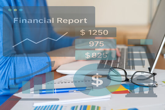 Business analyst working diligently on a laptop, evaluating a financial report showcasing positive performance, highlighting an increasing trend and notable sales progress