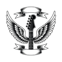 Guitar with wings and banners rock and roll vector design