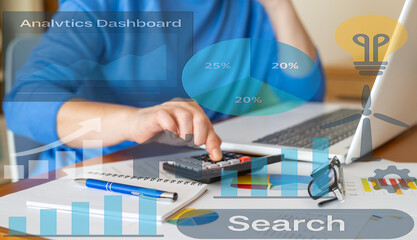 Business analyst using calculator and analyzing financial data with analytics dashboard, charts, graphs, and key performance indicators (kpi) for company performance evaluation and project progress