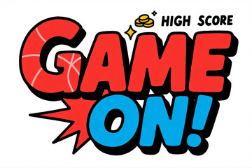 Game On High Score Comic Book Style Text with Basketball and Sparkle Effects