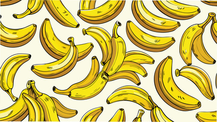 Hand drawn vector illustration featuring a seamless banana pattern with a yellow color scheme and a light background for design
