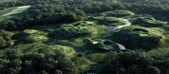 Aerial view of a golf course with sculpted greens and water features. Lush green fairways and bunkers wind through a dense forest