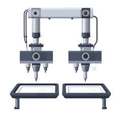 Fototapeta premium Symmetrical dual-arm industrial robot with multiple precision nozzles and red emergency buttons, positioned over two work trays.