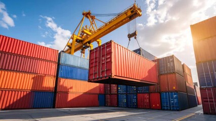 Global Trade: Crane Lifts Shipping Container at Busy Port Under Sunny Skies - Powered by Adobe