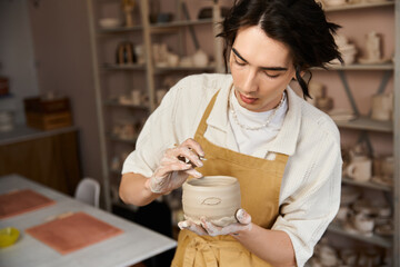 Creative expression flourishes in a pottery studio with a stylish man crafting unique ceramics