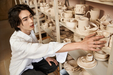 Engaging in artistic expression within a vibrant pottery studio filled with creative energy