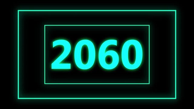 2060 number neon text background animation. Glowing neon sign blue colors digit number background.2060 colored text. Laser vintage effect. Infinite video animation numbers represents the new