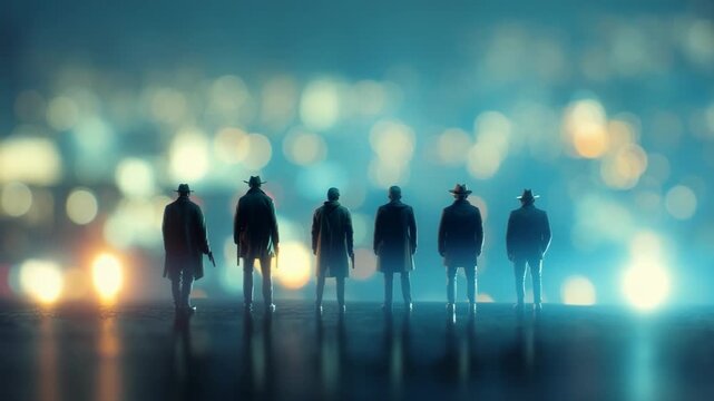 Mysterious men in silhouette stand before a glittering city skyline at twilight