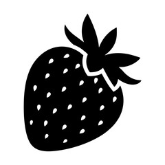 A simple black silhouette icon of a strawberry with white seeds and a leafy stem.