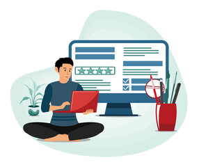 A young Man Using Laptop While Reviewing Online Ratings and Feedback at Home.