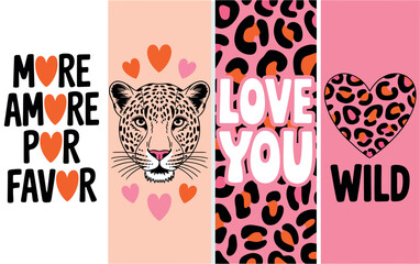 Four patterned panels featuring love themed messages and a leopard illustration design art


