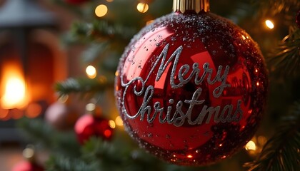 Extreme close-up of a deep red glass ornament on a Christmas tree. It reflects a cozy fireplace, with "Merry Christmas" in frosty script directly on its surface
