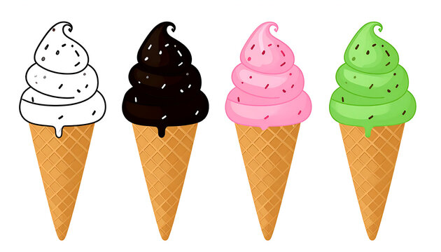Four Ice Cream Cones&mdash;Outline, Chocolate, Strawberry, and Pistachio Flavors with Sprinkles