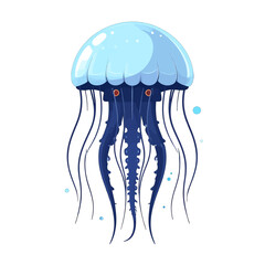 Stylized blue jellyfish with a glossy bell, dark tentacles, and prominent orange eyes.