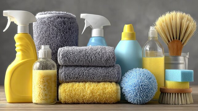 House cleaning concept showcasing supplies, sanitation tools, and cleanliness solutions for home care industry