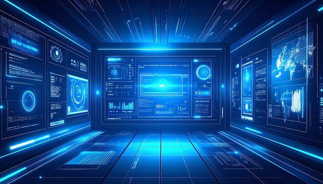 Futuristic digital interface with glowing displays