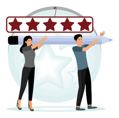 Five Star Customer Rating. Two People Collaboratively Holding Pencil. marketing, stars, mobile, success,