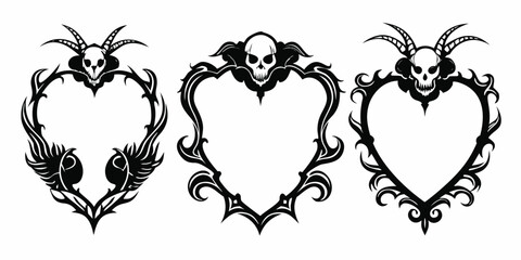 Intricate black and white gothic vector frames featuring skulls and floral or tribal designs for creative projects
