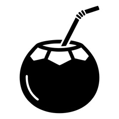A simple black and white icon of a fresh young coconut drink with a straw.