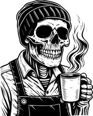 SVG of a street-style skeleton with hip hop flair in bold tattoo design. Skull Character in Beanie Enjoying Coffee with Smoke Swirls