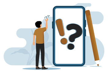 Man  Interacting With Smartphone Displaying Large Symbols and Questions.