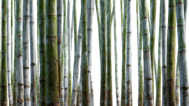 Dense bamboo forest with tall green and grey stalks creating a natural pattern isolated on transparent background