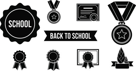 Vector art of a collection of black and vector icons featuring back to school themes including medals certificates and school emblems
