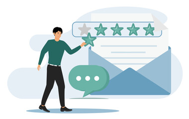 Man Giving Five Star Feedback with Message Chat and Letter Graphics.