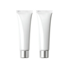 Two blank white cosmetic tubes with silver caps isolated on transparent background