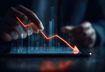 Hands manipulate a downward trending chart on a tablet