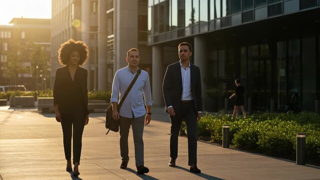 Three diverse business professionals walk and talk together on a city sidewalk during a sunny day