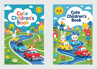 Cheerful Children's Book Design with Cute Animals Driving Cars