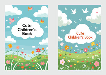 Bright and Playful Children’s Book Design with Flowers and Clouds
