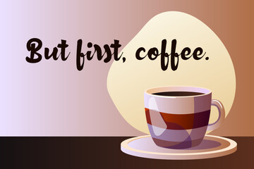 A vibrant coffee cup sits on a saucer against a soft gradient backdrop. Bold text emphasizes the essential role of coffee as a morning ritual or daily boost.