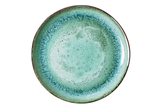 Top-down view of a round plate, exhibiting a gradient of teal and greenish-blue colors, with a subtle, marbled effect.  The center is lighter in tone, while the rim is darker and a muted brown-red