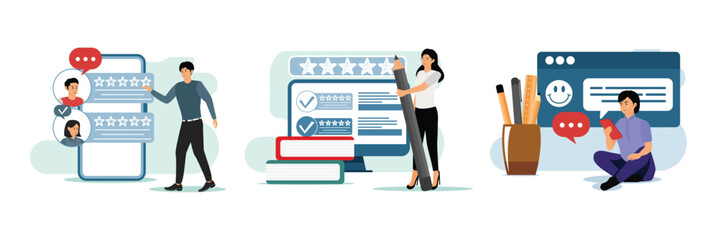 User Reviewing Online Profiles. Woman Reviews Online Ratings.  Communication and Study Around.
