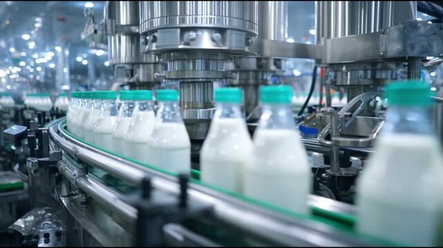 Dairy production line with filled milk bottles, showcasing automated processes and industrial machinery