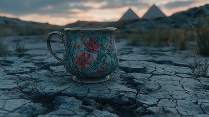 Floral Cup on Cracked Earth with Pyramids at Sunset